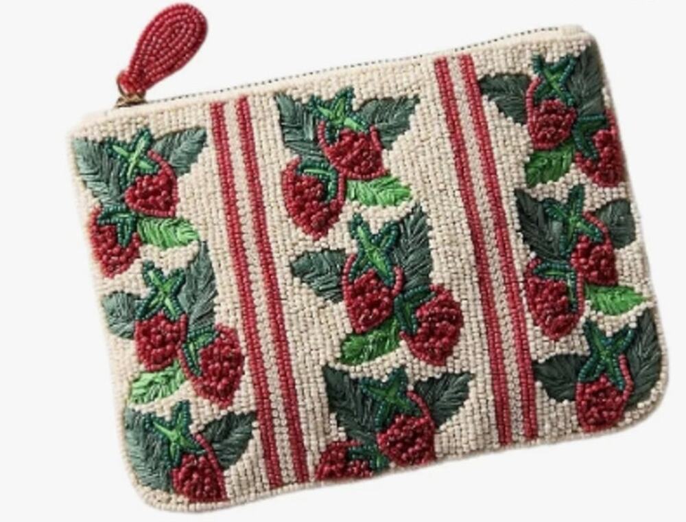 Anthropologie Fiona Strawberry Pouch Red Beaded Zip Travel Cosmetic NWT